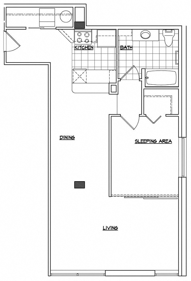 Floor plan for 1 bed, 1 bath, 823 sqft